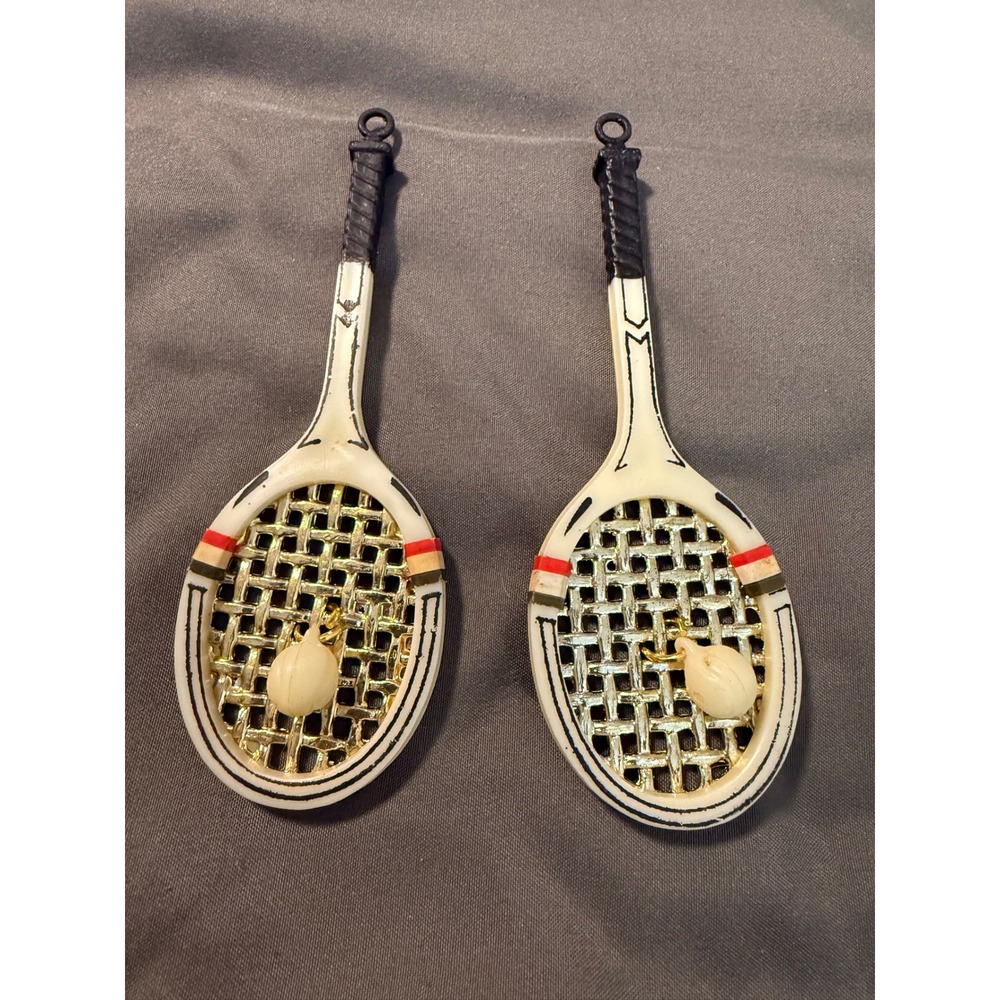 Vintage Plastic Tennis‎ Racket Ornaments Pair with Faux Pearl Balls 1970s